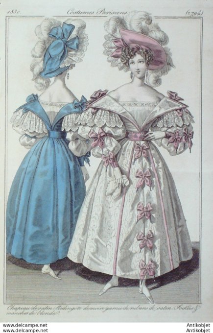 Gravure de mode Costume Parisien 1830 n°2794 Redingote de Moire rubans de satin