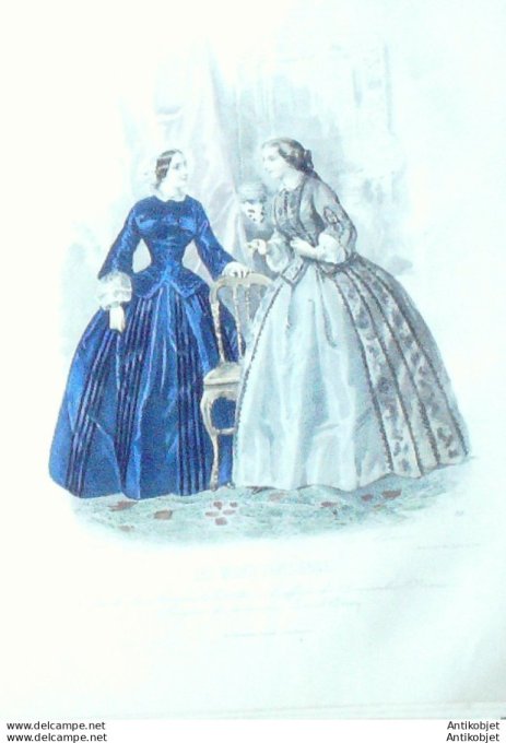 Gravure Les Modes Parisiennes 1851 # 611 Robes velours Maison Minette