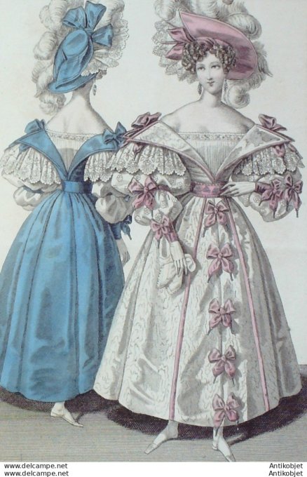 Gravure de mode Costume Parisien 1830 n°2794 Redingote de Moire rubans de satin