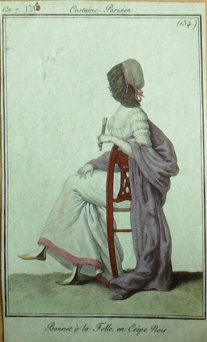 Gravure Mode Costume Parisien 1799 an  7 # 134 (eau forte old Fashion plate