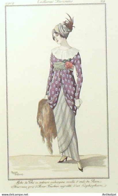 Gravure de mode Costume Parisien 1912 pl.24 BRODERS Roger Robe en velours