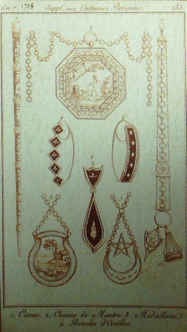 Gravure Mode Costume Parisien 1799 an  7 # 135 (eau forte old Fashion plate