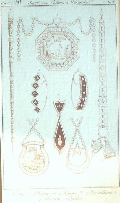 Gravure Mode Costume Parisien 1799 an  7 # 135 (eau forte old Fashion plate