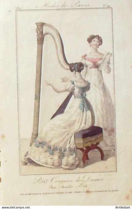 Gravure de mode Petit courrier des Dames 1822 n°  19 Robe tulle