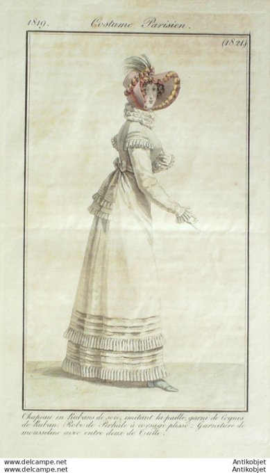 Gravure de mode Costume Parisien 1819 n°1821 Robe perkale à corsage pliss