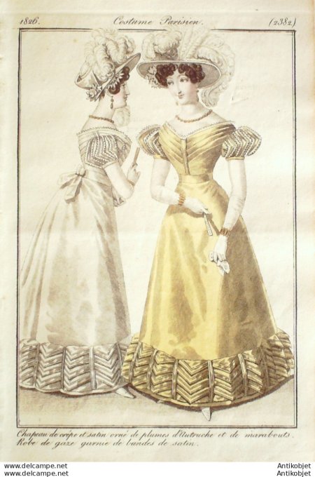 Gravure de mode Costume Parisien 1826 n°2382 Robe de gaze plumes d'autruche