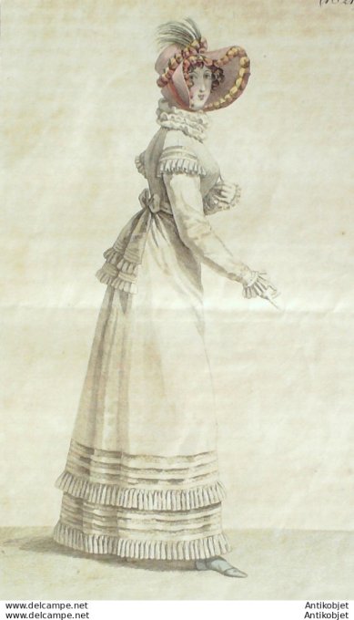 Gravure de mode Costume Parisien 1819 n°1821 Robe perkale à corsage pliss