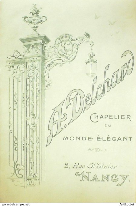 Menu vierge illustre publicitaire Chapellerie Delchard Nancy (54) 1900