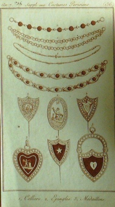 Gravure Mode Costume Parisien 1799 an  7 # 136 (eau forte old Fashion plate