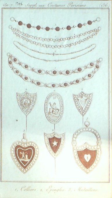 Gravure Mode Costume Parisien 1799 an  7 # 136 (eau forte old Fashion plate