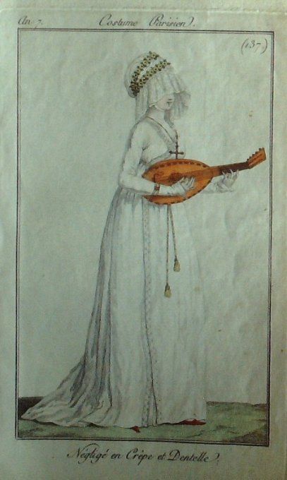 Gravure Mode Costume Parisien 1799 an  7 # 137 (eau forte old Fashion plate