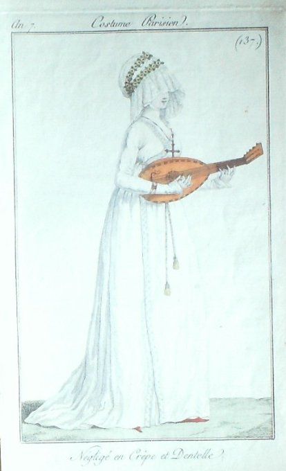 Gravure Mode Costume Parisien 1799 an  7 # 137 (eau forte old Fashion plate