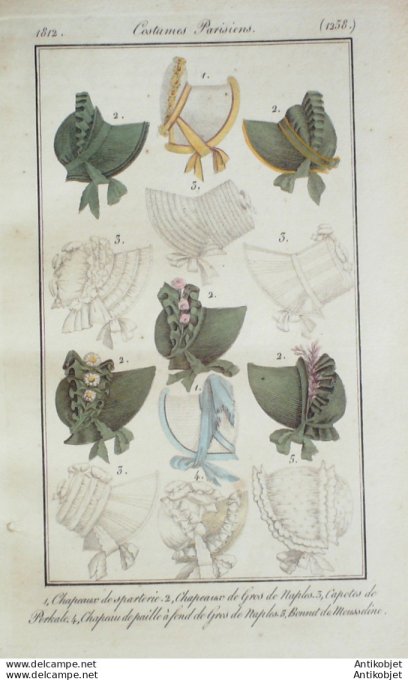 Costume Parisien 1812 # 1258 Gros de Naples Bonnet mousseline