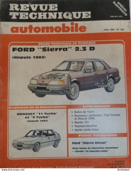 Revue Tech. Automobile 1988 n°492 Ford Sierra 2.3D Renault 11 & 9 Mazda 121