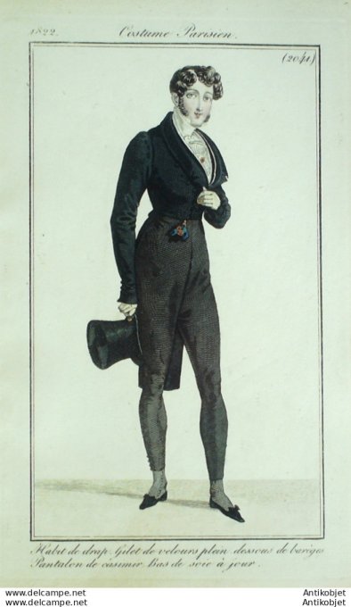 Gravure de mode Costume Parisien 1822 n°2041 Habit de drap homme Gilet de velours