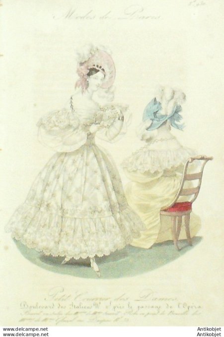 Gravure de mode Petit courrier des Dames 1831 n° 930 Robe point de Bruxelles