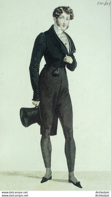 Gravure de mode Costume Parisien 1822 n°2041 Habit de drap homme Gilet de velours