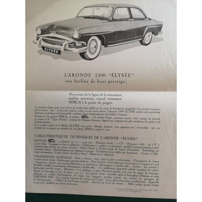 Catalogue SIMCA ARONDE 1300 Elysée 1950