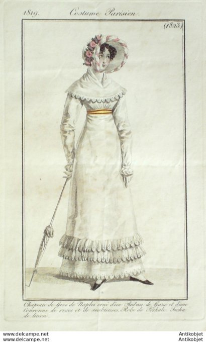 Gravure de mode Costume Parisien 1819 n°1823 Robe perkale  fichu de linon