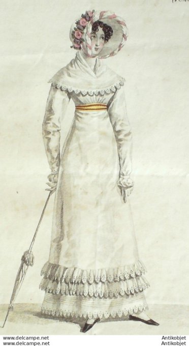 Gravure de mode Costume Parisien 1819 n°1823 Robe perkale  fichu de linon