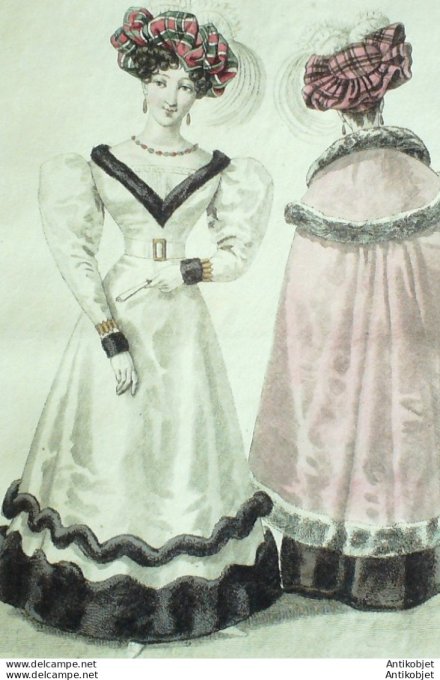 Gravure de mode Costume Parisien 1826 n°2383 Manteau robe de satin chinchilla