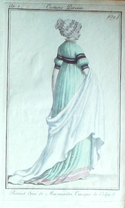 Gravure Mode Costume Parisien 1799 an  7 # 139 (eau forte old Fashion plate