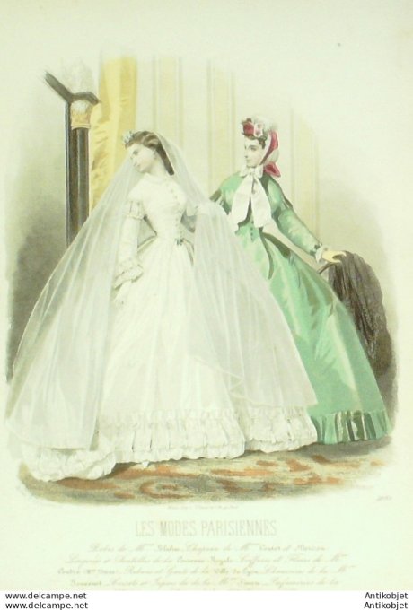 Gravure Les Modes Parisiennes 1863 #1095 Robe de mariée Maison Blum