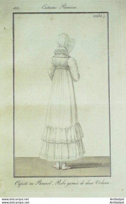 Gravure de mode Costume Parisien 1812 n°1256 Robe velours garnie