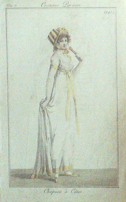 Gravure Mode Costume Parisien 1799 an  7 # 141 (eau forte old Fashion plate