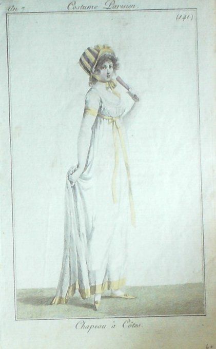 Gravure Mode Costume Parisien 1799 an  7 # 141 (eau forte old Fashion plate