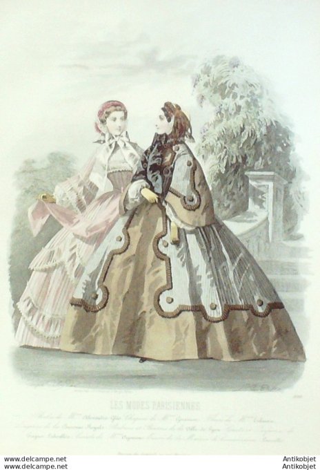 Gravure Les Modes Parisiennes 1860 # 899 Robes de promenades Maison Ghys
