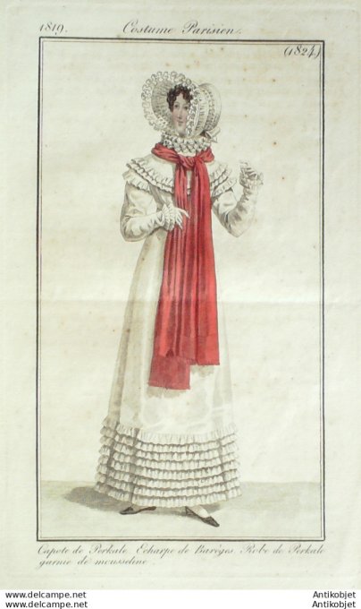Gravure de mode Costume Parisien 1819 n°1824 Robe perkale & mousseline