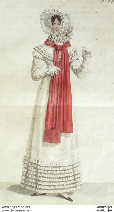 Gravure de mode Costume Parisien 1819 n°1824 Robe perkale & mousseline