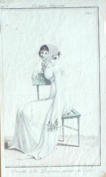 Gravure Mode Costume Parisien 1799 an  7 # 142 (eau forte old Fashion plate
