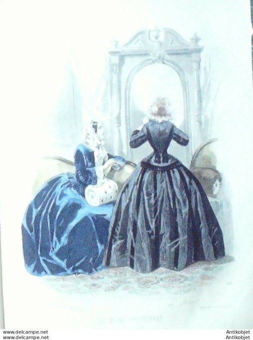 Gravure Les Modes Parisiennes 1851 # 612 Robes velours et satin