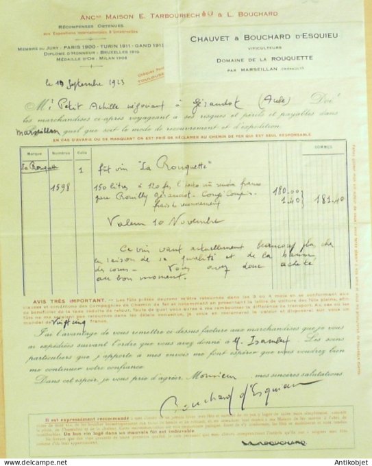 Facture Chauvet & Bouchard d'Esqieu (Viticulteur) 1923 Marseillan (34)