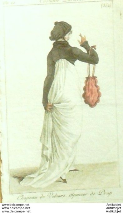 Gravure Mode Costume Parisien 1801 an 10 # 352 (eau forte old Fashion plate