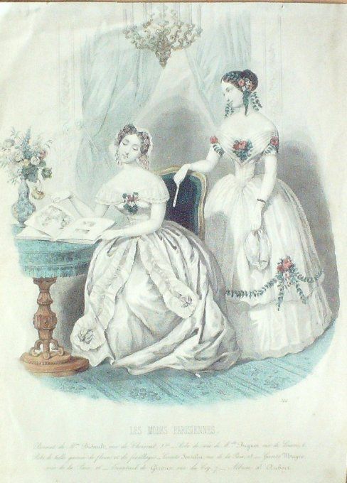 Gravure Les Modes Parisiennes 1844 # 144 Robes de soie Maison Duguet 