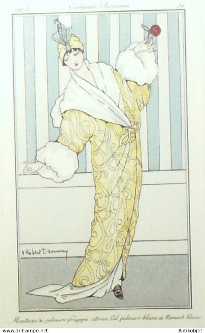 Gravure de mode Costume Parisien 1913 pl.050 DAMMY Robert-Manteau velours