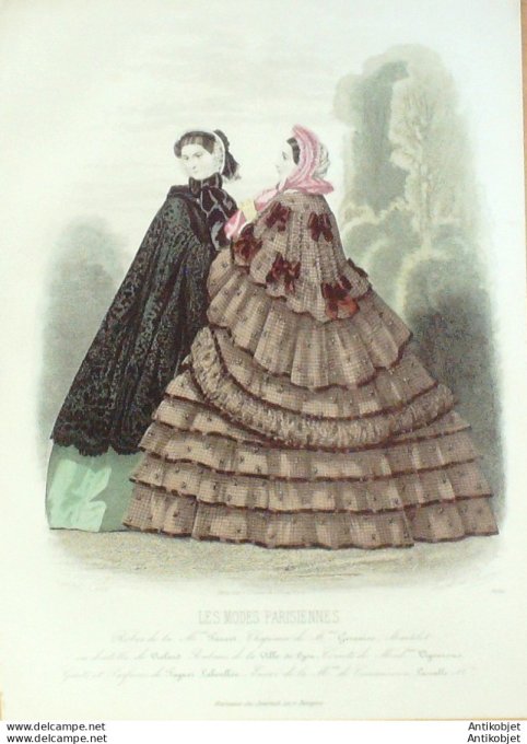 Gravure Les Modes Parisiennes 1860 # 900 Robes Gros de Naples Maison Fauvet