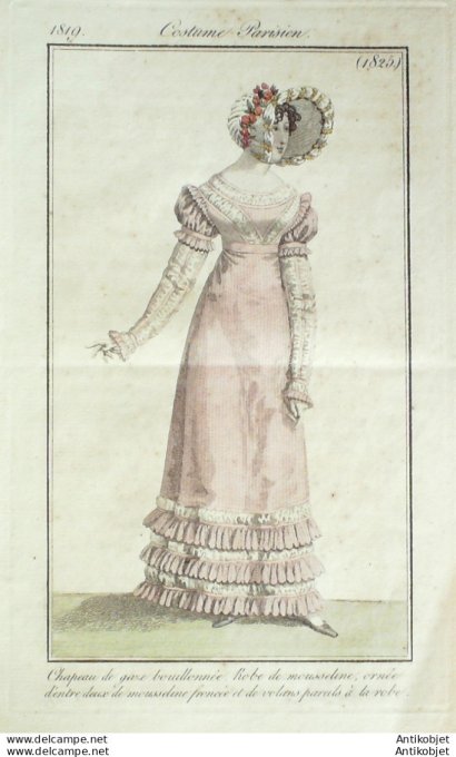 Gravure de mode Costume Parisien 1819 n°1825 Robe mousseline