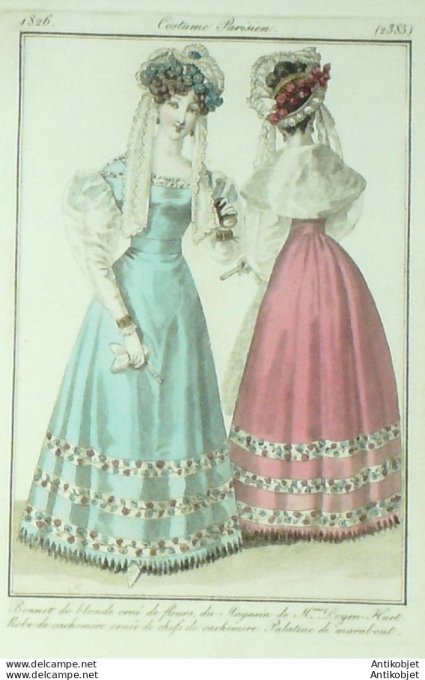 Gravure de mode Costume Parisien 1826 n°2385 Robe cachemire ornée