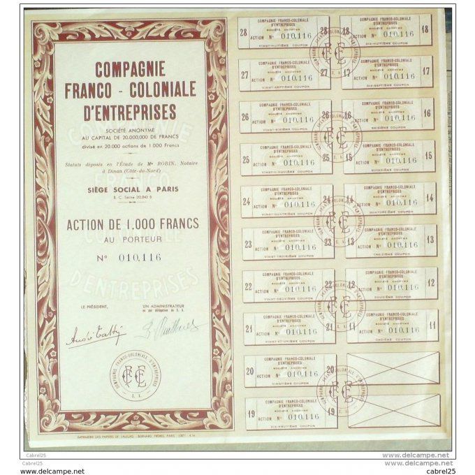 Franco Coloniale Entreprises Dinan (35) Cie action 1000 Fr 1925