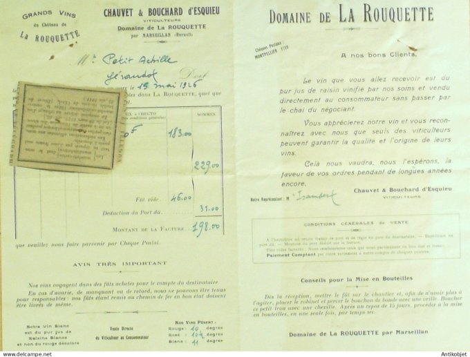 Facture Chauvet & Bouchard d'Esqieu (Viticulteur) 1923 Marseillan (34) 2