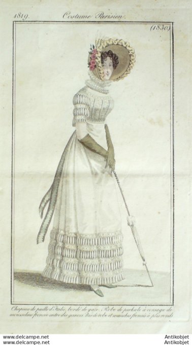 Gravure de mode Costume Parisien 1819 n°1830 Robe perkale
