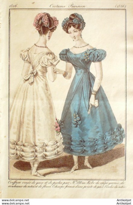 Gravure de mode Costume Parisien 1826 n°2386 Robe de crêpe garnie de satin et fleurs