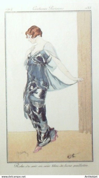 Gravure de mode Costume Parisien 1914 pl.133 DRIAN Etienne Robe en soie