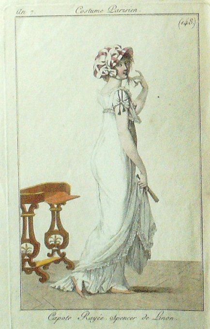 Gravure Mode Costume Parisien 1799 an  7 # 148 (eau forte old Fashion plate
