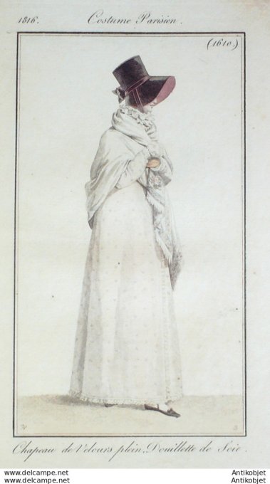 Gravure de mode Costume Parisien 1816 n°1610 Chapeau de velours plein