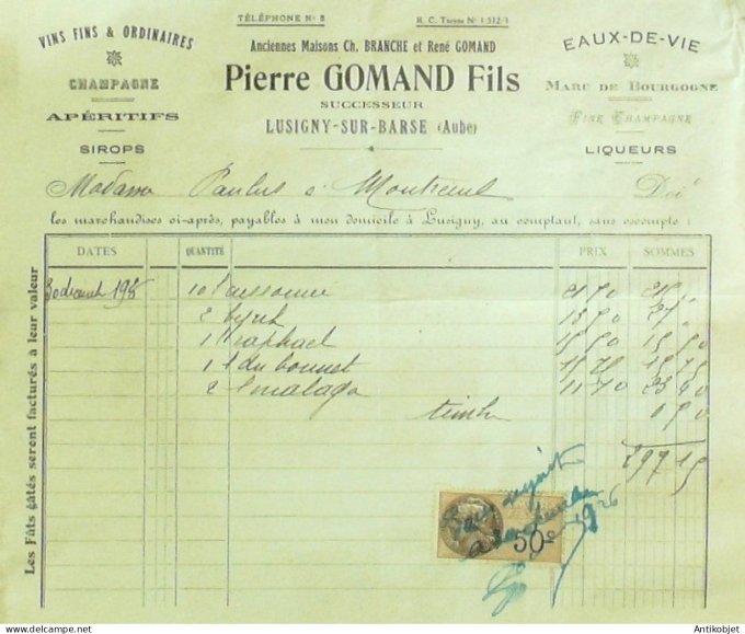 Facture Pierre Gommand (Champagne spiritueux) 1926 Lusigny-sur-Barse (10)